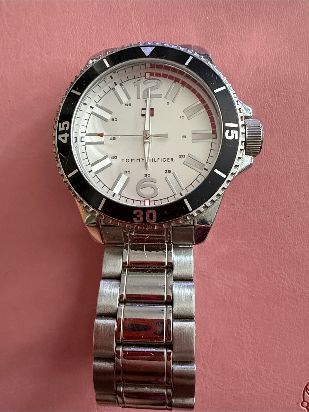 Tommy Hilfiger Silver Watch with Black Bezel and White Dial